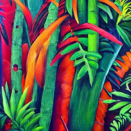 Prompt: jungle rumble. douanier rousseau style. douanier rousseau style. vibrant. amazing painting. beautiful. high resolution. highly realistic. cool tones. close - up.