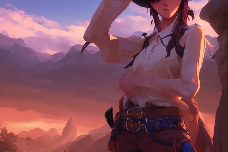 Image similar to western cowgirl, single subject, scenic full shot, ambient lighting, detailed face, by makoto shinkai, stanley artgerm lau, wlop, rossdraws