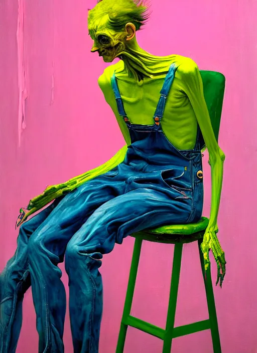 Image similar to an insane, skinny, artist wearing overalls, expressive painting the walls inside a grand messy studio, depth of field, hauntingly surreal, highly detailed painting by francis bacon, edward hopper, adrian ghenie, glenn brown, and james jean, soft light 4 k in pink, green and blue colour palette, cinematic composition,