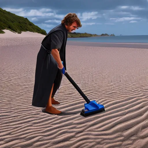 Image similar to anakin skywalker vacuuming the beach for sand, 4k, photorealistic,