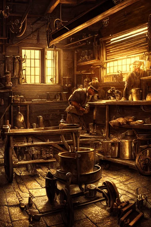 Prompt: a glowing gold coin on the anvil, blacksmith's shop interior, cinematic lighting. digital art by WLOP, highly detailed, illustration.