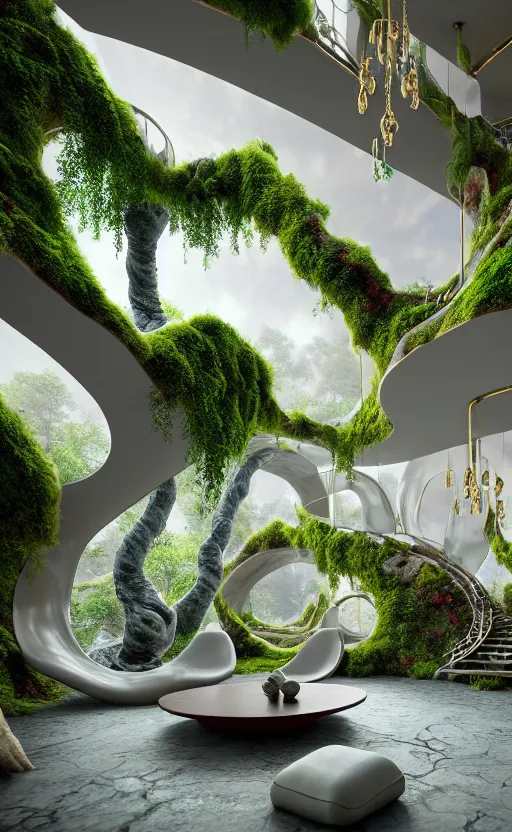 Image similar to highly detailed villa natural beautiful light interior soft cinematic composition of a smooth ceramic porcelain biomorphic magnolia stone nebula fluid sci - fi surreal colorful architecture landscape, furniture, granite, trees, marble, moss, lichen, fungi, vincent callebaut composition, mamou - mani, archviz, 8 k, unreal engine, hdr