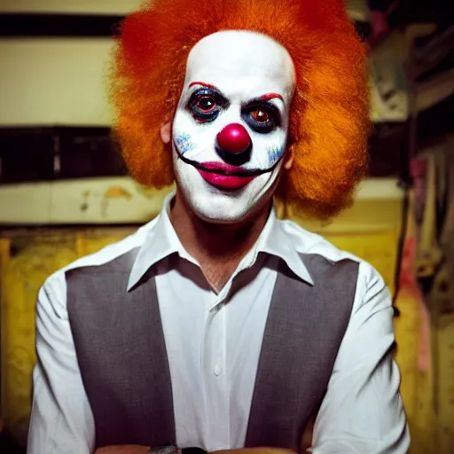 Image similar to uhd candid photo of hunter biden wearing bizarre clown makeup, with accurate face, in an abandoned drug den, uhd, studio lighting, correct face, photo by annie leibovitz