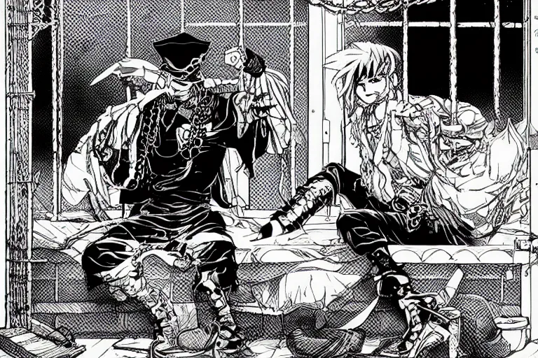 Prompt: aesthetic digital illustration of a pirate wearing a ball and chain by masamune shirow and shawn cosa, sitting on a cot under a barred window inside a prison