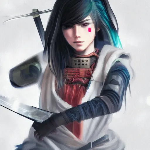 Prompt: Young cyberpunk samurai lady holding a sword, digital painting, anime style, Artstation, by Artgerm