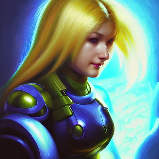 Prompt: head and shoulders portrait of Zero suit Samus as League of Legends character, digital illustration portrait, dark fantasy, medium shot, intricate, elegant, highly detailed, digital painting, volumetric light, artstation, concept art, smooth, sharp focus, illustration, armor by Donato Giancola, face by Gil Elvgren, paintstrokes by Greg Manchess, background by Alphonse Mucha