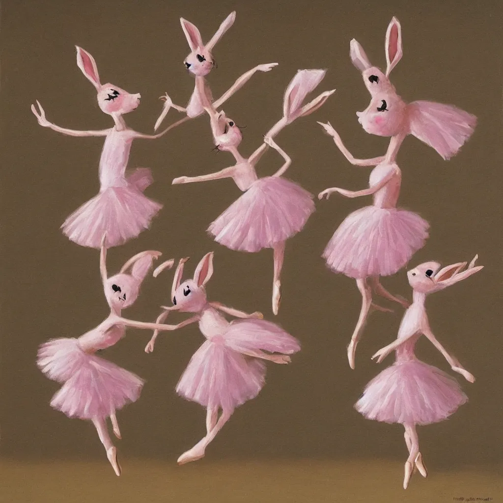 Image similar to ballerina bunnies dancing gracefully on a stage, surrealistic, detailed