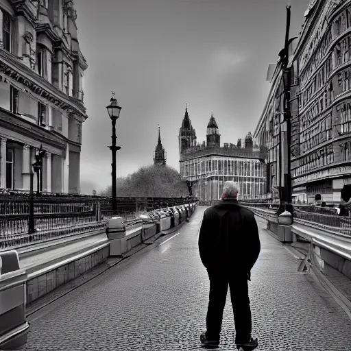 Image similar to a middle aged man explores london, digital art