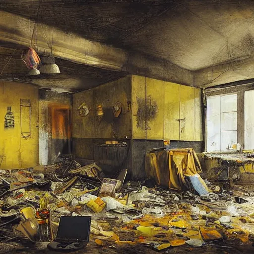 Image similar to by hendrick avercamp, by sabbas apterus warm yellow extemporaneous. a street art of a room that is wrecked, furniture overturned, belongings strewn about, & debris everywhere. the only thing left intact is a photograph on the wall shows a tidy, well - appointed space, with everything in its place.