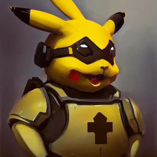 Image similar to greg manchess portrait painting of partially armored pikachu as overwatch character, medium shot, asymmetrical, profile picture, organic painting, sunny day, matte painting, bold shapes, hard edges, street art, trending on artstation, by huang guangjian, gil elvgren, ruan jia, greg rutkowski, gaston bussiere