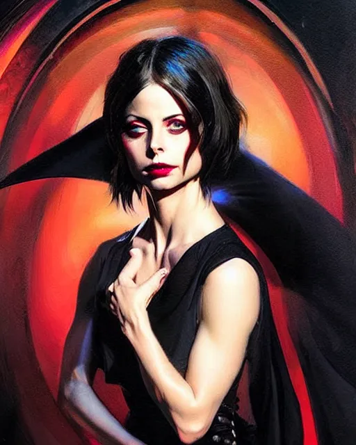 Prompt: style of dean cornwell, artgerm : : gorgeous willa holland : : evil witch, swirling black magic, black dress : : symmetrical face, symmetrical eyes : : full body pose : : gorgeous black hair : : magic lighting, low spacial lighting : :