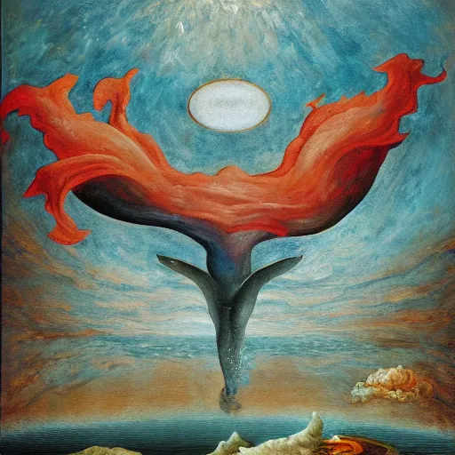 Prompt: bosch oil painting of an abstract silicon whale god of fire, flying over tormented people in a lake