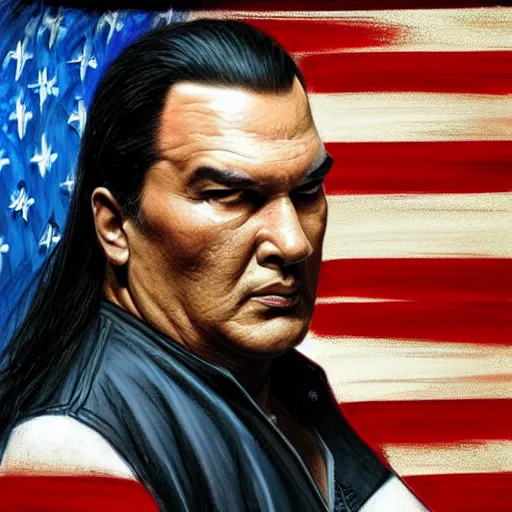 Image similar to sad steven seagal in jail cell, cell bars, cell bars, cell bars, cell bars, cell bars, cell bars, intricate, highly detailed, digital painting, artstation, concept art, smooth, sharp focus, illustration, art by greg rutkowski, patriotic!!!!, american flag, american flag, american flag