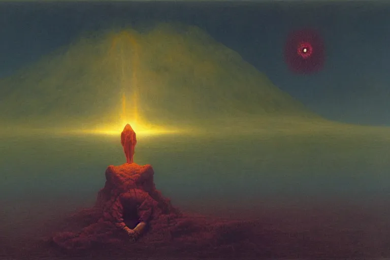 Prompt: levitating sorcerer, opening a shining portal, night sky, horizon of an erupting volcano, by zdzislaw beksinski, highly detailed