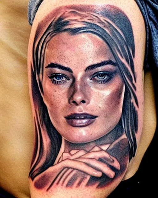 Prompt: creative double exposure effect tattoo design sketch of margot robbie face faded in beautiful mountain scenery, realism tattoo, in the style of matteo pasqualin, amazing detail, sharp