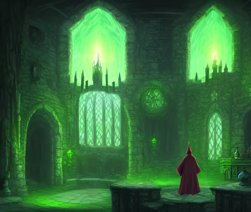 Image similar to a concept art of a wizard in his castle discovering a magic scroll that gives eternal life, atmospheric magic dark scene with green fires in the lights, a big door in the background