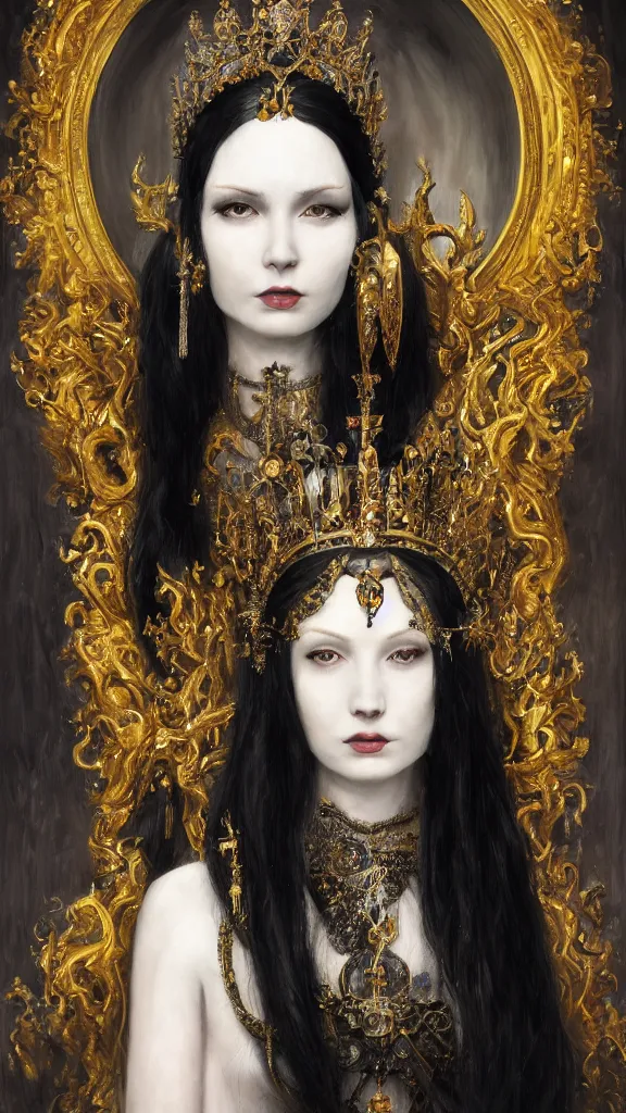 Image similar to a beautiful black haired woman with pale skin and a crown on her head sitted on an intricate metal throne, intimidating woman, large black eyes, high forehead, smooth pale skin, ethereal skin, ominous, eldritch. oil painting by nuri iyem, james gurney, james jean, greg rutkowski, highly detailed, soft lighting, chiaroscuro