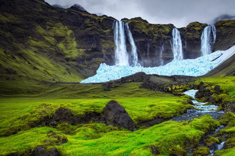 Image similar to photo of a landscape with mountains with waterfalls and snow on top, wallpaper, very very wide shot, blue glacier, iceland, new zeeland, green flush moss, national geographics, professional landscape photography, sunny, day time, beautiful