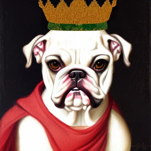 Prompt: a renaissance style portrait painting of a small mostly white female bulldog, wearing a crown and cape, dark background. trending on artstation.