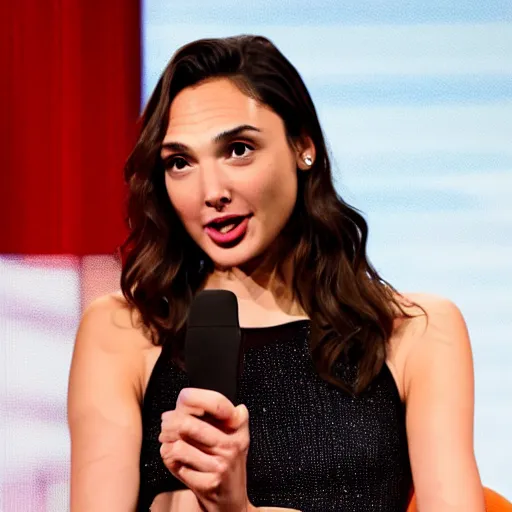 Image similar to gal gadot answering a question on a tv late night show