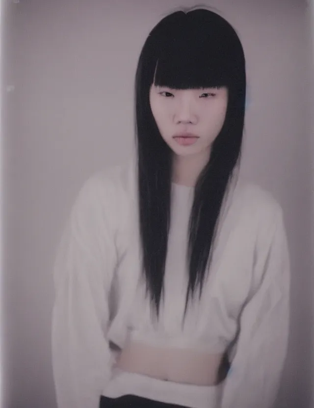 Image similar to polaroid photo with flash, portrait of a asian woman with glossy skin and gel hair in style of matrix, dressed, clothes on, bleached strong lights, kodak film stock, hyper real, stunning moody cinematography, with anamorphic lenses, by maripol, detailed