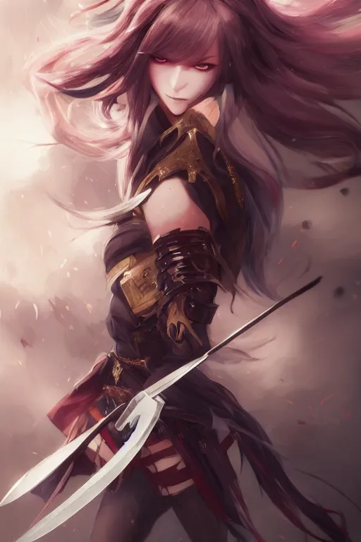 Prompt: beautiful attrative face female assassin with pocket knife flash and magic around her, light flowing hair, anime key visual, absurdly beautiful, highly detailed, sharp focus, concept art, granblue fantasy, anime by serafleur / d pin / rongzhen luo / mingdosa / ruan jia / gemi ningen