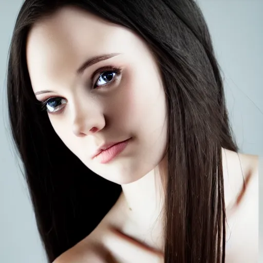 Image similar to beautiful young woman with long straight dark hair, pale skin, brown eyes portrait, photograph, intricate complexity, rule of thirds, dramatic lighting dark background