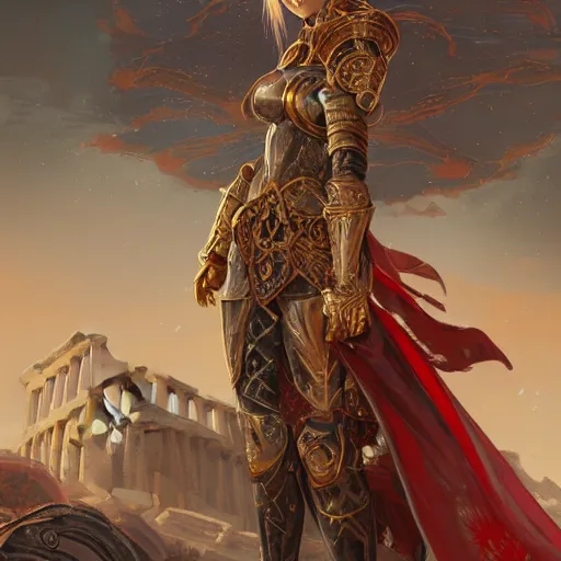 Image similar to portrait knights of Zodiac girl, metallic black and reddish color reflected armor, in ruined Agora of Athens, ssci-fi, fantasy, intricate, very very beautiful, elegant, golden light, highly detailed, digital painting, artstation, concept art, smooth, sharp focus, illustration, art by WLOP and tian zi and alphonse mucha