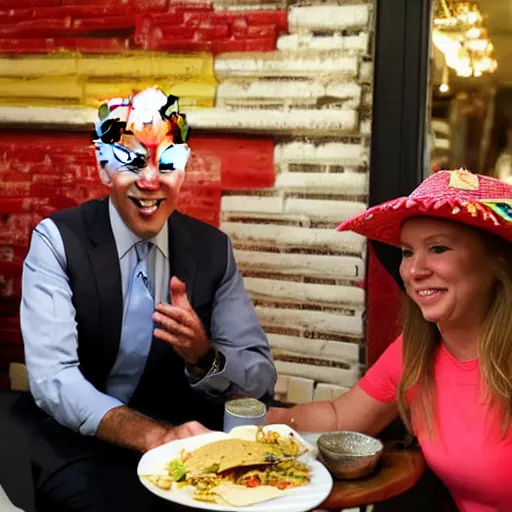 Image similar to joe biden wearing a sombrero eats tacos at mexican restaurant