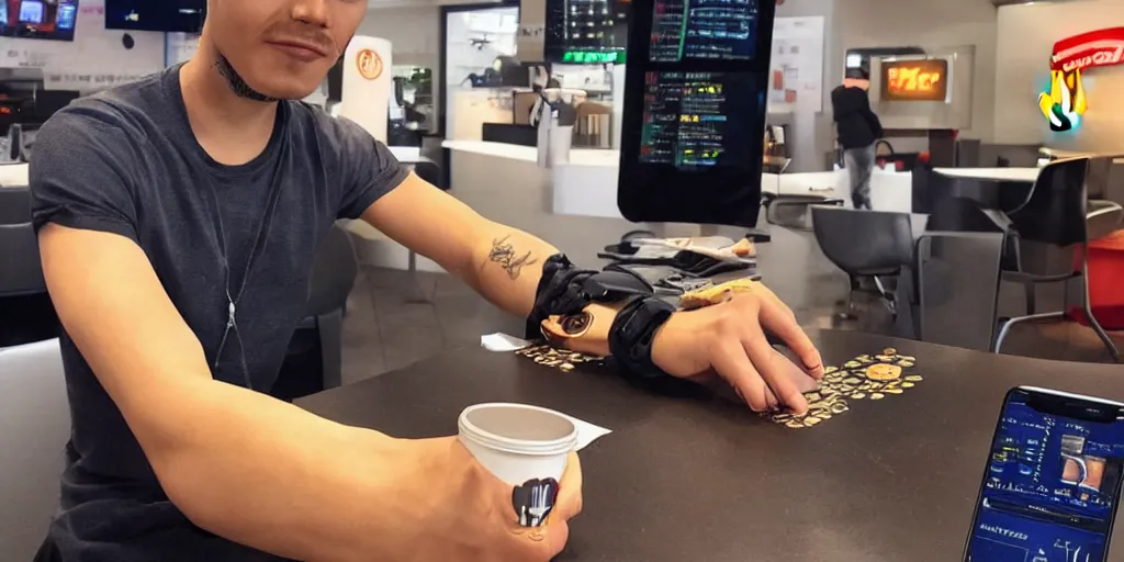 Prompt: ex crypto currency trader working in mcdonals, with bitcoin, etherum, zcoin, usdt tatoos on him arms