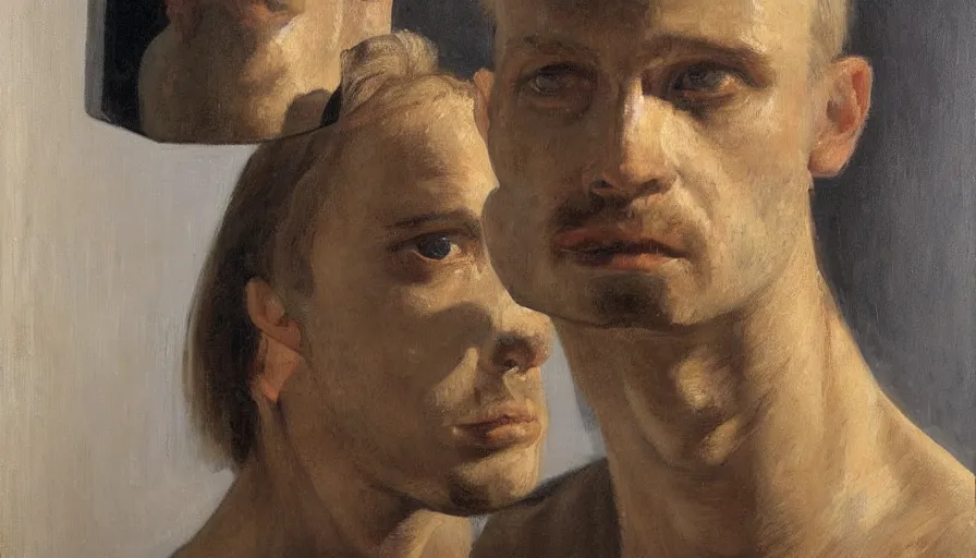 Image similar to painting by borremans, man in front of the mirror, detailed, stunning, hyperrealism, dynamic lighting