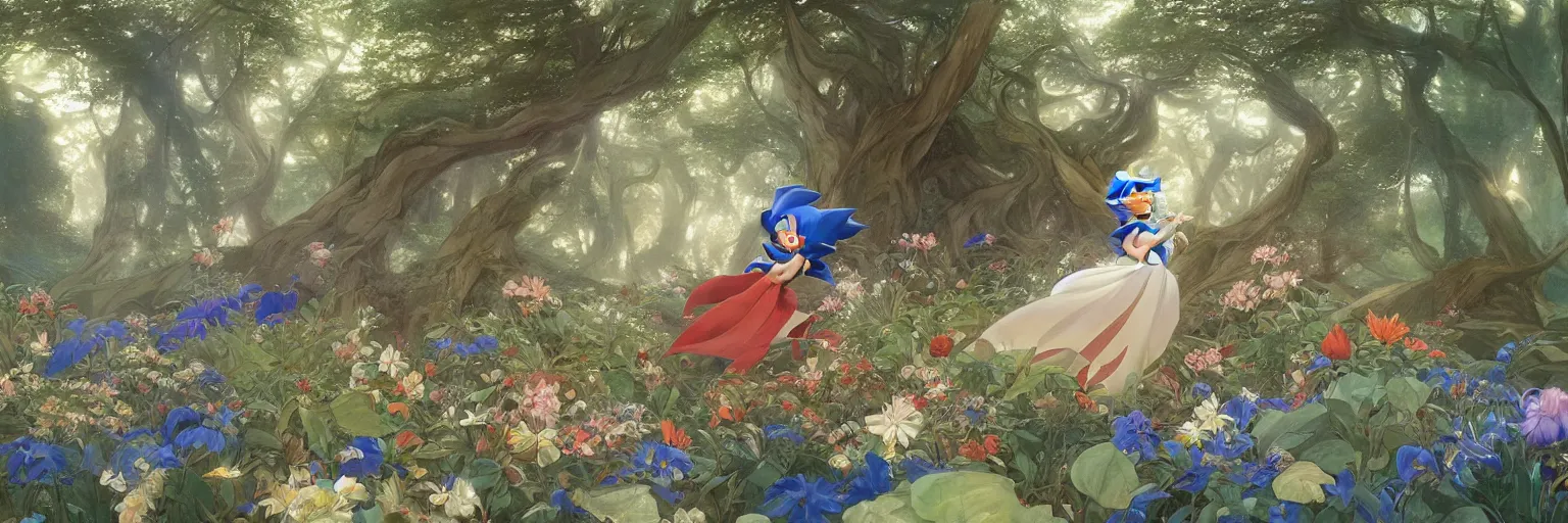 Prompt: A beautiful painting of Sonic the edgedog running through an utopian garden and forest with supertrees by Alfons Maria Mucha and Julie Dillon and Makoto Shinkai