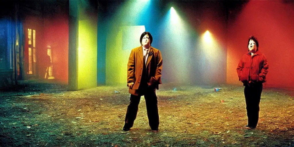 Image similar to award winning photo of BILL HICKS TRIPPING ON LSD in new york, vivid colors, happy, symmetrical face, beautiful eyes, studio lighting, wide shot art by gregory crewdson