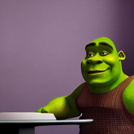 Image similar to photorealistic shrek uncomfortable at a job interview, wearing a business suit. octane render. high resolution.