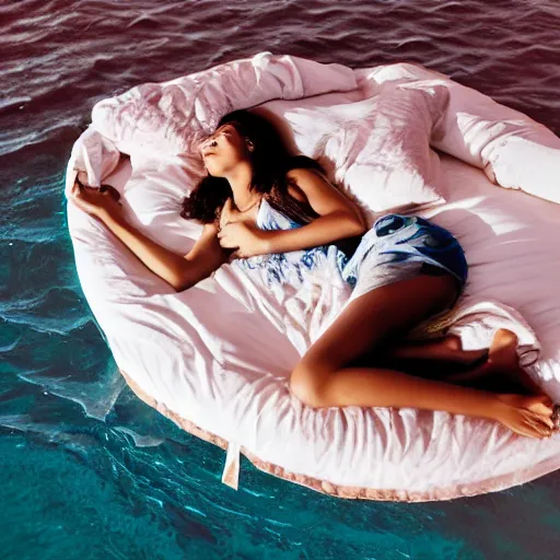 Image similar to a woman sleeping in a bed that is floating in the ocean