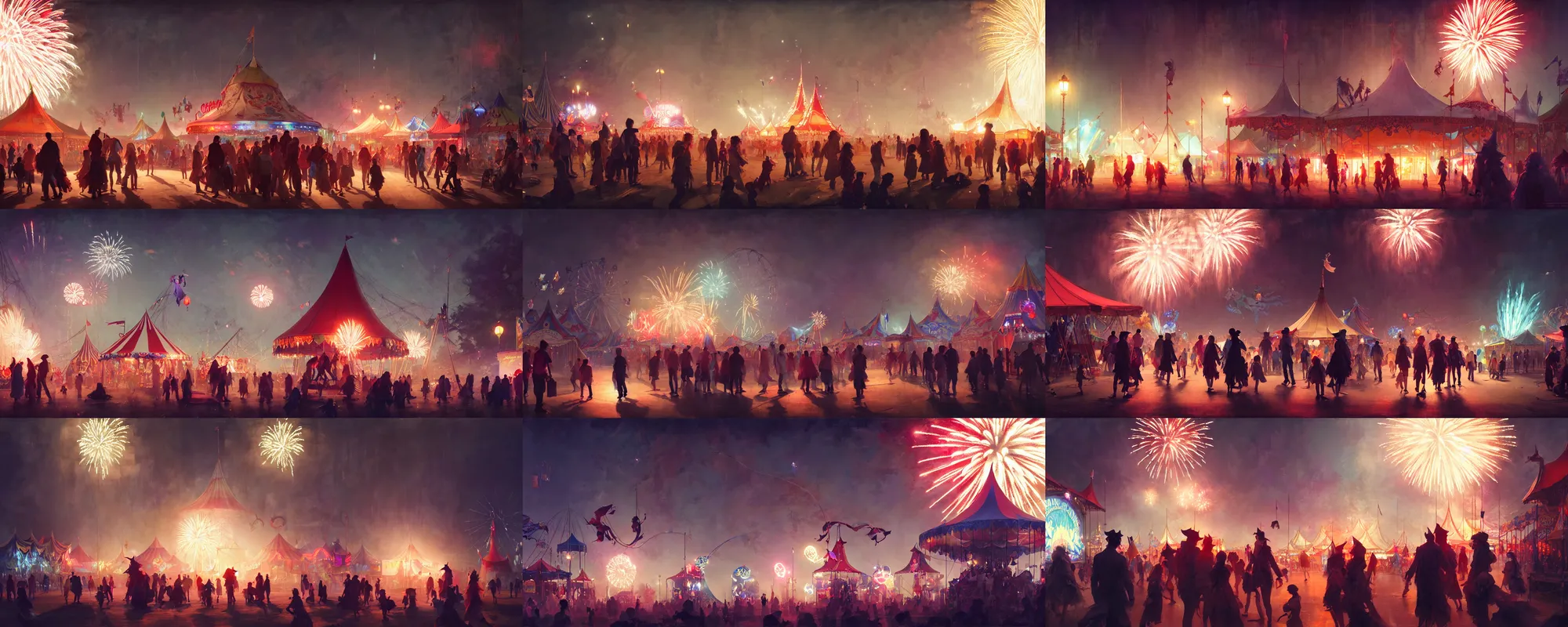 Prompt: close up group of friends exploring the witchlight carnival, small town, amusement stalls, big top circus tent, summer festival night, cinematic, fireworks, illustration, highly detailed, digital painting, concept art, matte, art by ruan jia and wlop and greg rutkowski and makoto shinkai, masterpiece