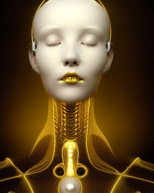 Image similar to white background, halo, dreamy foggy elegant soft luminous profile face 3 d render of a beautiful young golden biomechanical - female - cyborg with a delicate detailed gold mandelbrot fractal texture skin and a very long neck with white gothic pearl embroidered collar, white smoke atmosphere, hg giger, 8 k