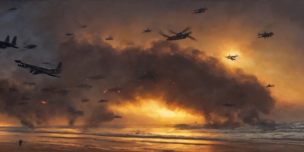 Image similar to the normandy!!!!! landings, d - day, 1 9 4 5, sunset, chaos!!!, smoke, fire, soldiers charging in, airplanes bombing the beach, destroyed tanks, highly detailed, wide shot, sadness, cinematic, ultra realistic!!!, ray tracing, ( ( painting ) ) by jessica rossier and ivan shishkin