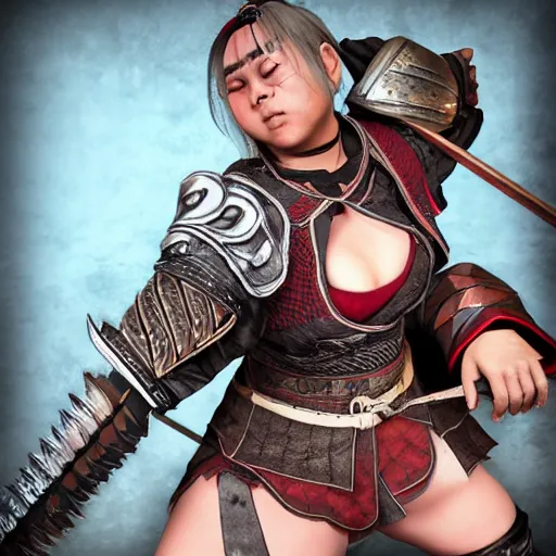 Image similar to tetsubo wielding female shugoki yoroi and kabuto forhonorgame, rubenesque, wlop