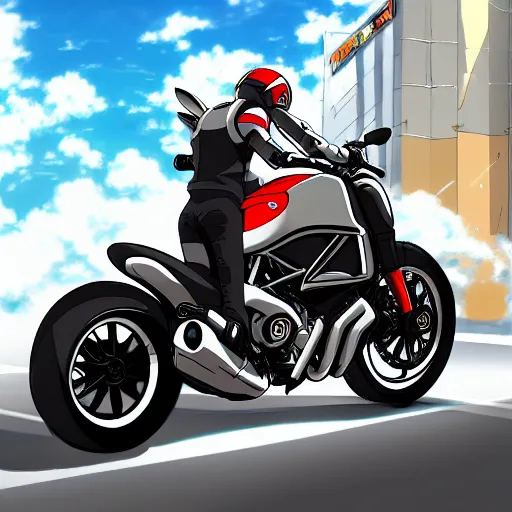 Image similar to anime art vehicle concept art, anime key visual of ducati diavel, at a city street, trending on pixiv fanbox, studio ghibli, extremely high quality artwork