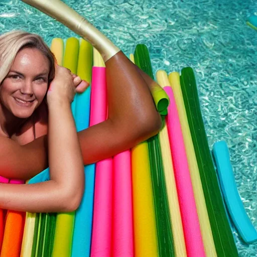 Image similar to a woman swimming surrounded by 1 0 pool noodles pointing away from her