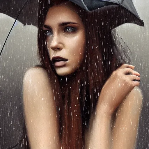 Image similar to a beautiful toned woman in the rain, aesthetic, oil painting, pale colors, high detail, 8 k, wide angle, trending on artstation,