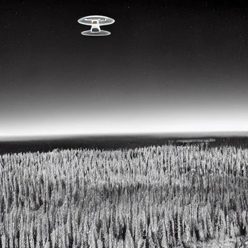 Image similar to grainy photograph of a hamburger-shaped UFO flying above a boreal forest