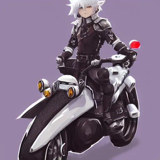 Prompt: alphinaud from final fantasy xiv wearing sunglasses and riding on a motorcycle, digital art, trending on artstation,