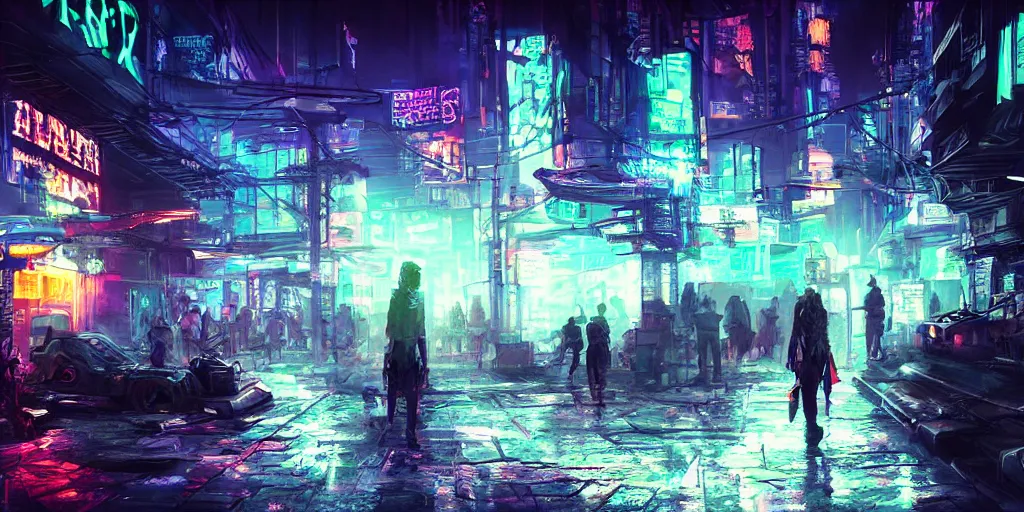 Prompt: digital art, trending on artstation, dystopian cyberpunk night street with neon