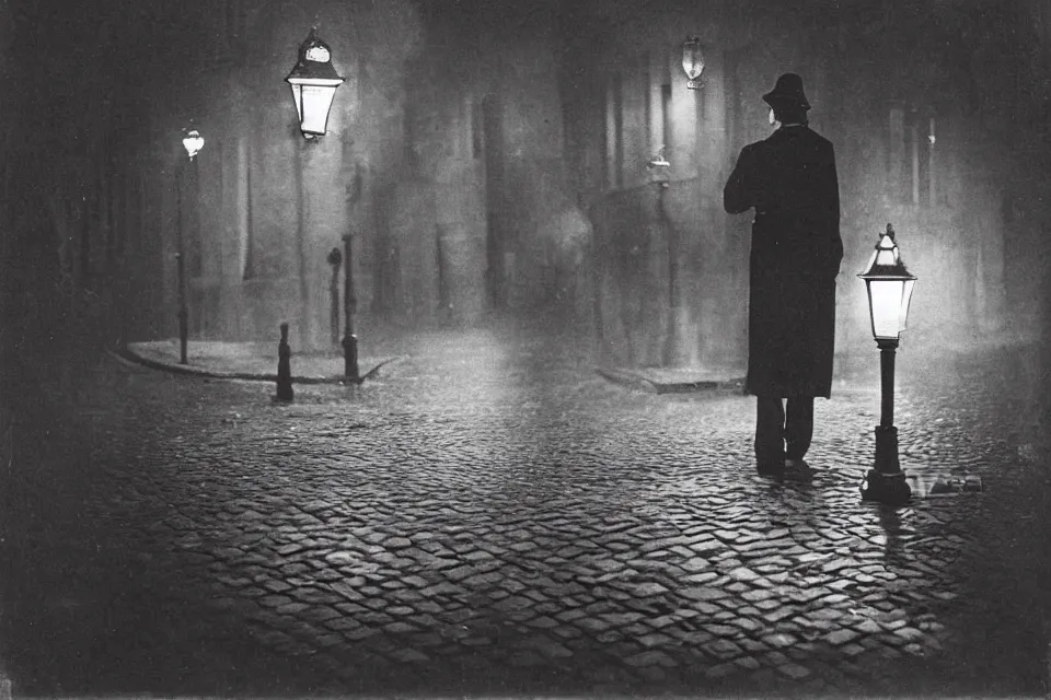 Prompt: wet plate photograph, august strindberg waking alone at night along cobblestone street in vienna, night time, alone, lamplight, victorian era, depth of field, very detailed, fog, highly accurate, intricate