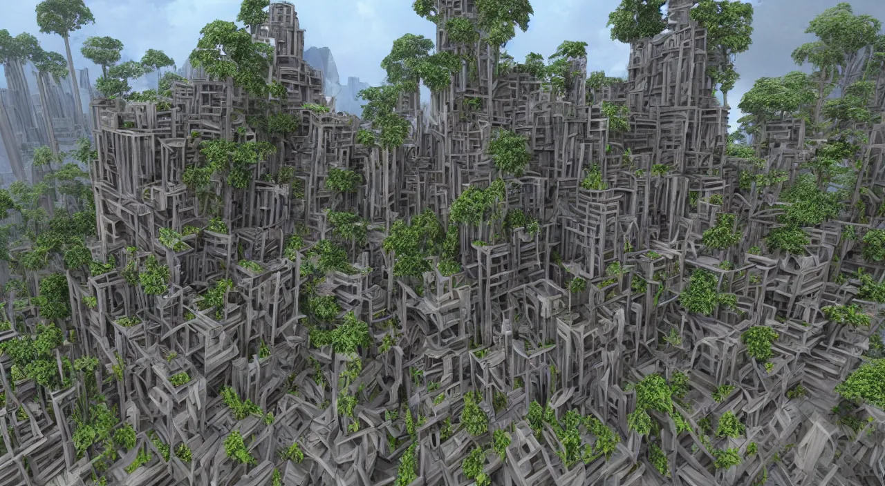 Image similar to wood fortress greeble block amazon jungle accadamy of tower cristal global illumination ray tracing