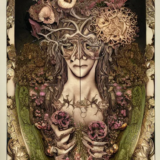 Image similar to a beautiful detailed front view baroque portrait of a rotten woman corpse with fractal plants and fractal flowers and mushrooms growing around, intricate, symmetrical, ornate, ornamentation, bones, in the style of art nouveau