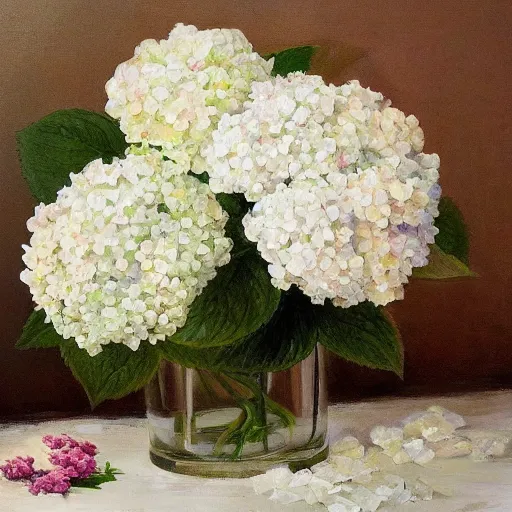 Image similar to beautiful white hydrangeas flowers soft roses and dried petals painterly emotionally evoki