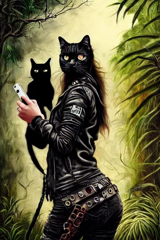 Prompt: punk rock girls making selfie with black cats in jungle , mad max jacket, post apocalyptic, renaissance, highly detailed, digital painting, 4k, oil painting by Leonardo Da Vinci, hyper realistic style, fantasy by Olga Fedorova